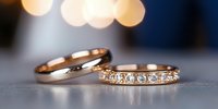 Elegant wedding rings with diamonds on blurred bokeh background, rose gold bands symbolizing eternal love and commitment, close-up macro photography.