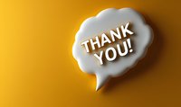 White speech bubble with thank you text on vibrant yellow background, modern minimalist style appreciation message casting soft shadow.