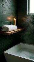 Spa bathroom with green subway tile walls, white freestanding bathtub filled with water and steam, wooden shelf holding rolled white towel and lit candle for relaxation and wellness.