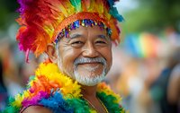 Smiling senior Asian man wearing vibrant rainbow feathered headdress and colorful lei at outdoor festival celebration, radiating joy and cultural pride.