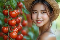 Young Asian woman in straw hat smiling near ripe red tomatoes growing on vine, natural garden setting with soft bokeh background. Fresh produce concept.