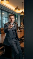 Confident middle-aged Caucasian businessman in dark suit pointing finger at camera in modern office boardroom with pendant lighting and glass walls.