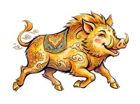 Golden ornamental boar with decorative patterns and swirls, isolated on white background. Suitable for clipart, t-shirt designs, and graphic applications.