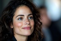 Young Mediterranean woman with natural curly dark hair and bright smile looking at camera with confident expression against blurred background.