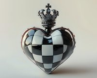 Metallic heart with checkered black and white pattern topped by ornate royal crown against neutral background. Glossy chess-inspired romantic design element.