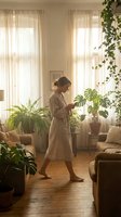 Woman in beige linen dress watering potted plants in sunlit living room with sheer curtains, wooden floor, and hanging greenery for home gardening and interior design.