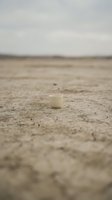 White enamel cup sitting alone on sandy beach with overcast sky and blurred water horizon in background, conveying solitude and abandonment for conceptual and editorial use.