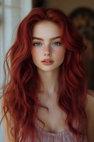 Young woman with long wavy red hair and natural makeup looking at camera. Portrait of attractive female model with auburn curls and soft lighting.