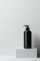 Minimalist black pump bottle on white pedestal against light background. Clean modern cosmetic packaging design for skincare and beauty products.
