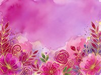 Pink and magenta watercolor floral background with gold accents, roses and leaves, copy space for text, greeting card or invitation design.