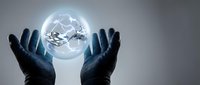 Hands protecting glowing brain with neural network connections representing artificial intelligence, machine learning and cognitive technology innovation.