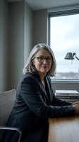 Mature woman with long gray hair and glasses wearing dark blazer seated at wooden desk in modern office with large window and natural light.