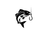 Black silhouette of bass fish jumping for fishing hook with water drop on white background. Isolated sport fishing logo design element.