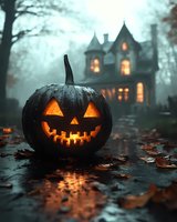 Glowing jack o'lantern with carved scary face on dark misty ground with autumn leaves and spooky Victorian mansion in background illuminated by warm light.