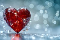 Red crystal heart surrounded by delicate molecular structure on reflective surface against soft bokeh background, symbolizing connection between love and science.