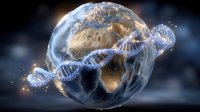 Glowing DNA strand encircling planet Earth against dark space background, representing global genetics research and evolutionary science.
