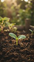 Young green seedling emerging from rich dark soil with warm sunlight and blurred garden background creating natural growth and development concept.