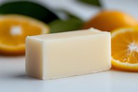Natural soap bar with fresh orange slices and green leaves on white background. Organic skincare and aromatherapy concept for wellness and spa treatments.