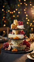 Festive cheese tower stacked on slate boards with grapes, figs, walnuts and dried apricots, glowing bokeh lights in background for holiday entertaining.