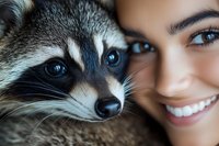 Close up portrait of young Hispanic woman with bright smile next to adorable raccoon face showing connection between human and wildlife, friendship concept.