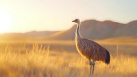 Majestic emu bird standing in golden grass field during sunset, silhouetted against warm glowing sky and distant mountains, creating atmospheric nature scene.