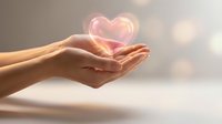 Hand holding glowing heart shape with soft light effect, symbolizing love, care, charity, and compassion for healthcare, wellness, and donation concepts.