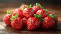 Fresh ripe strawberries with green leaves on rustic wooden background. Macro shot of juicy red berries showing natural texture and details.