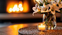 White lilies in glass vase with glowing candle on woven placemat, cozy fireplace in background creating warm romantic atmosphere for home decor and relaxation.