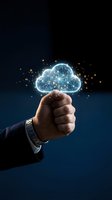 Businessman hand holding glowing digital cloud computing network with connected nodes and sparkling lights on dark blue background for technology concepts.