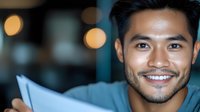 Young Asian male professional smiling confidently at camera in modern office setting with soft bokeh lights in background, wearing casual blue shirt.