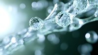 Frozen water droplets on branch create natural winter macro photography with bokeh effect in cool teal and white tones, showing crystalline ice formation.