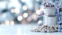 Isolated white and gray capsule pills spilling from open medicine bottle with frost and winter bokeh background, suitable for pharmaceutical, healthcare, wellness and medical supplement marketing.