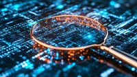 Magnifying glass examining digital circuit board with glowing blue technology data streams and binary code patterns, cybersecurity concept.
