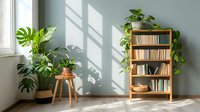 Cozy reading corner with wooden bookshelf, monstera plants and natural sunlight casting shadows through window, creating serene home library atmosphere.