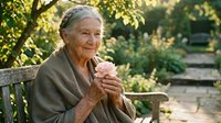 Elderly Caucasian woman sitting peacefully on park bench holding pink flower, enjoying serene outdoor moment in beautiful garden setting with natural lighting.