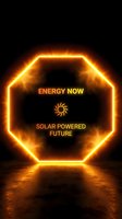 Glowing neon octagonal frame with golden yellow light and fiery glow effect on dark background, featuring sun icon and text about renewable energy and solar power for sustainability campaigns.