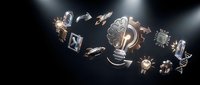 Glowing steampunk gears, cogs, and mechanical parts floating in mid-air against dark background. Industrial design elements for technology, innovation, and engineering concepts.