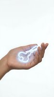 Hand of a young adult holding a glowing neon key symbol, representing access, security, and digital solutions on a white background.