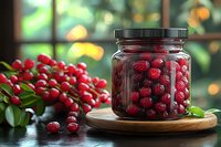 Fresh cranberries in glass jar on wooden board with raw berries and green leaves scattered nearby, soft bokeh background creates cozy autumn mood.
