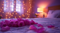Pink roses and petals scattered on white bed with romantic bokeh lights and warm lamp glow creating intimate atmosphere for Valentine's Day or anniversary celebration.