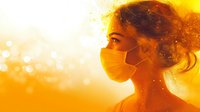 Young Asian woman wearing protective face mask in golden sunlight with bokeh effect and particles, side view profile against warm glowing background.