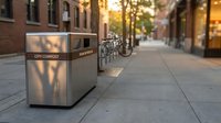 City street with modern waste bin and bicycle parked along brick buildings during golden hour, urban sanitation and sustainable city infrastructure.