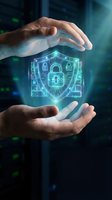 Hands protecting glowing digital shield with padlock and security icons, representing cybersecurity, data protection, and network safety for technology and business applications.