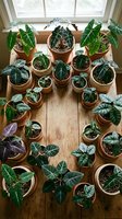 Collection of potted houseplants arranged on wooden floor near window creating urban jungle indoor garden atmosphere for home decor and plant care concepts.