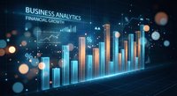 Business analytics financial growth concept with glowing bar charts and data visualization on dark blue background for corporate presentations.