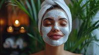 Woman with clay facial mask relaxing during spa treatment with eyes closed, wearing white towel on head against blurred tropical plants background.