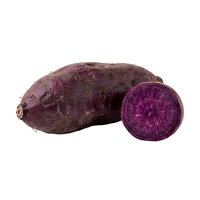 Purple sweet potato whole and sliced in half, isolated on white background. Suitable for food, nutrition, cooking, and recipe design projects.