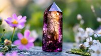 Purple crystal point with golden inclusions surrounded by delicate pink and white wildflowers on moss-covered stone, mystical nature photography.