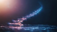 Glowing neon stairway ascending into darkness with magical light particles and bokeh effects creating mystical atmosphere for spiritual and success concepts.