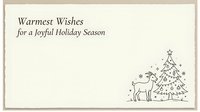 Warmest wishes for a joyful holiday season with reindeer and decorated evergreen tree on cream background, suitable for greeting cards and seasonal designs.